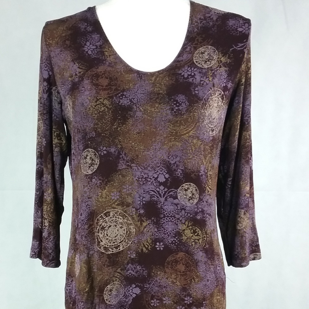 Citi Knit Women's Purple Gold Scoop Neck 3/4 Sleeve Shirt Top Blouse